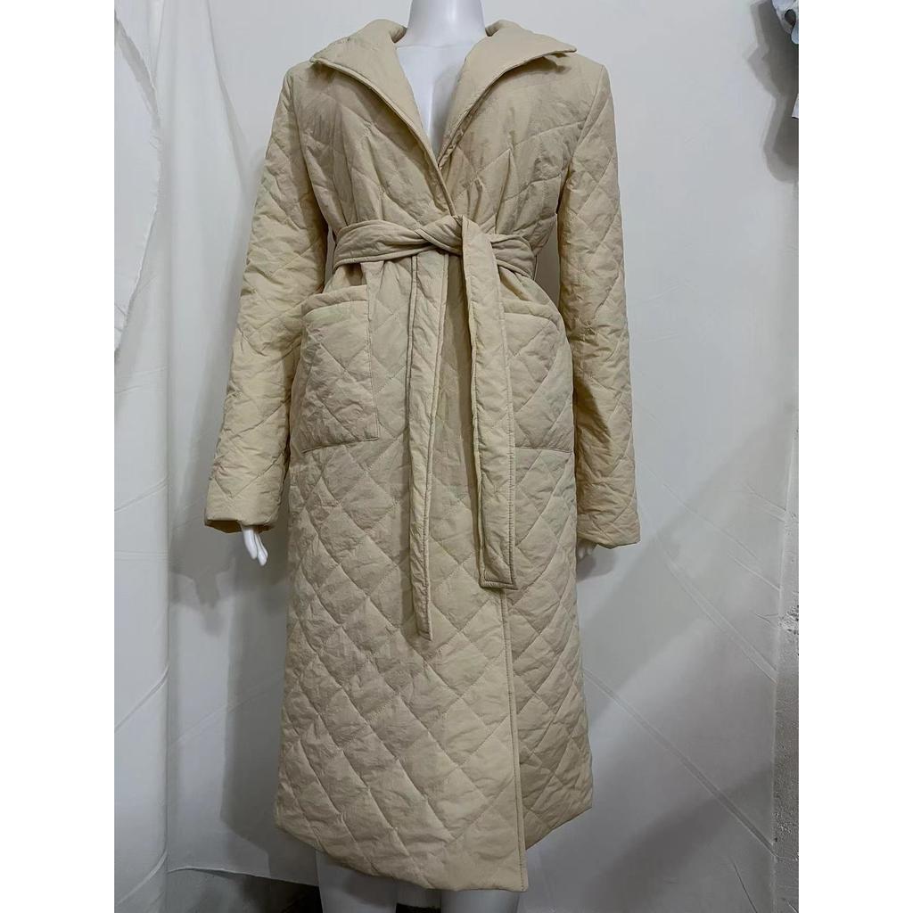 Autumn Winter Women's Notched Lapel Quilted Coat, Knee-Length Belted Waist Diamond Pattern Parka with Lightweight Warmth, Elegant Trench Style Jacket