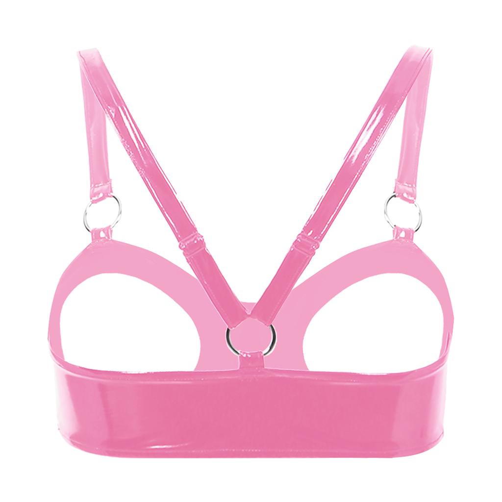 Soutien-gorge ouvert en cuir verni aspect mouillé pour femme Bretelles réglables avec anneau O Crop top Lingerie Sous-vêtements Hauts