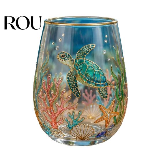 Bird And Flower Tea Cup Sea Turtle Glass Tumbler, Ocean Theme Drinking Mug, Borosilicate Hot Cold Drink for Coffee Juice, Beach Gift Nature