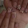 24Pcs Leopard Print French Press On Nails, Short Square Fake Nails with 3D Flower & Rhinestones