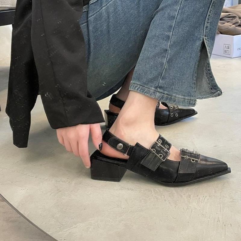 Women Fashion French Style Pointy Mary Jane Shoes for Women Retro Chunky Leather Shoes Single Shoes for Women Sandalias De Mujer