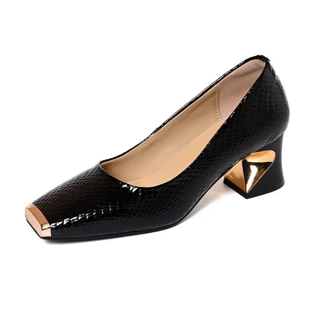 women cute black round toe high quality patent leather spring slip on square heel shoes lady casual grey pumps ab627