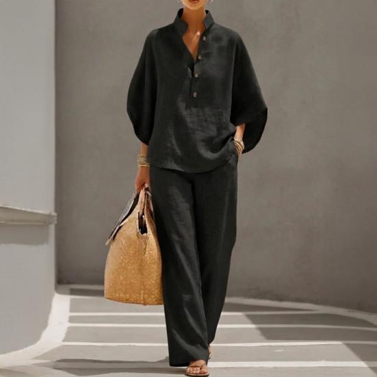 Women's Batwing Sleeve Linen Two-Piece Set Casual Shirt And Wide Leg Pants Outfit Summer Vacation Lounge Sets