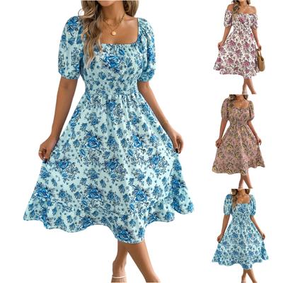 Women's Fashionable Floral Print Off Shoulder Short Sleeved Ruffle Edge Holiday Beach Loose Dress