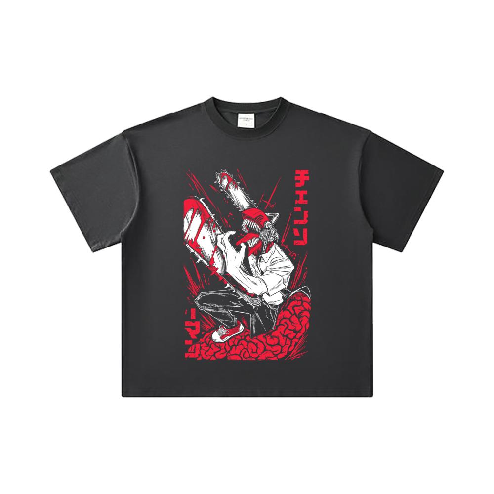 260 GSM Double Yarn 32 Count 100% Cotton Chainsaw Man V28 Denji Print Unisex Heavy Cotton T Shirt