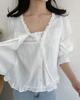 Print Double-Layer Lace Puff Blouse