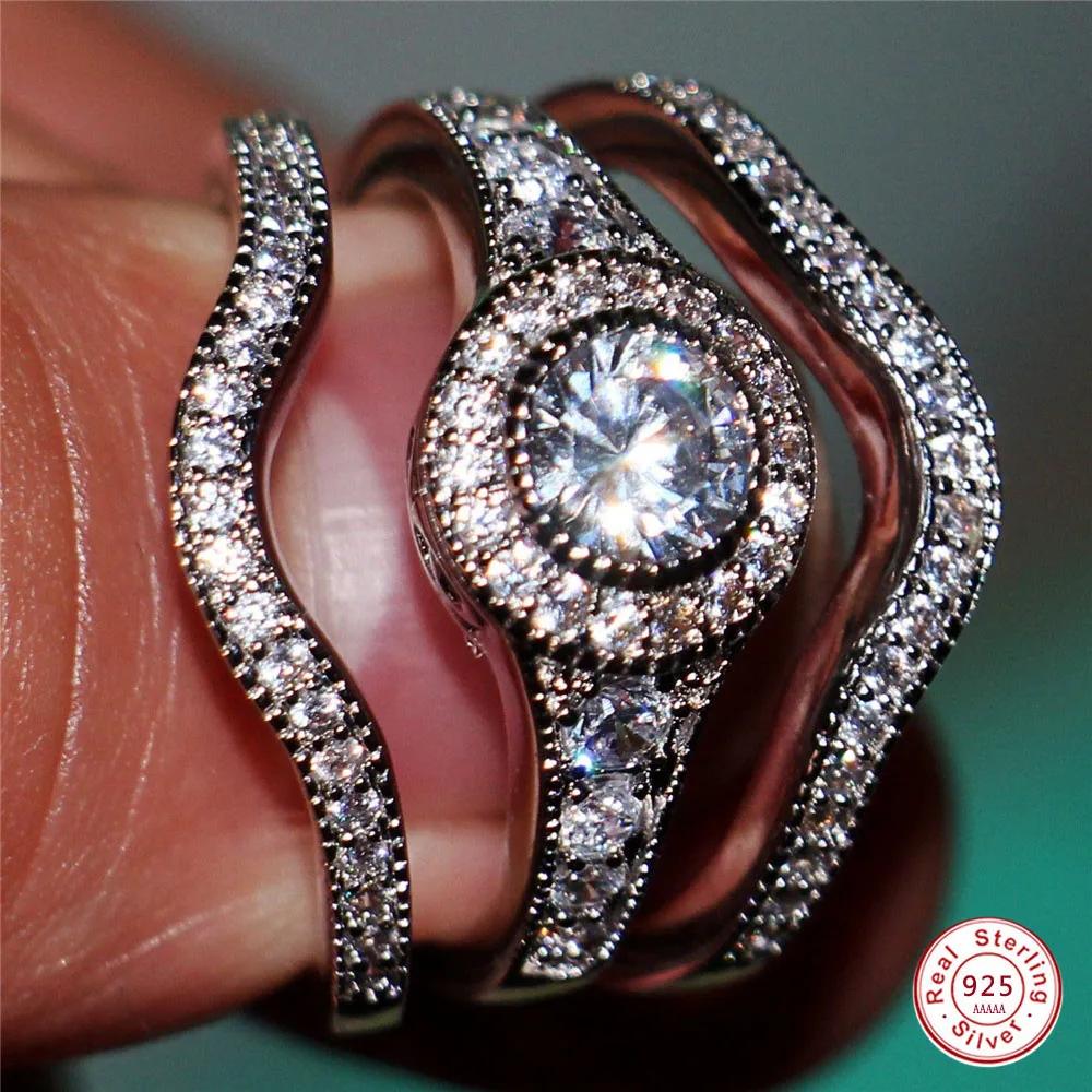 3Pcs/Set 2024 Luxury Round Cut AAA Zircon Crystal Rings for Women Sliver Color Wedding Female Rings Set