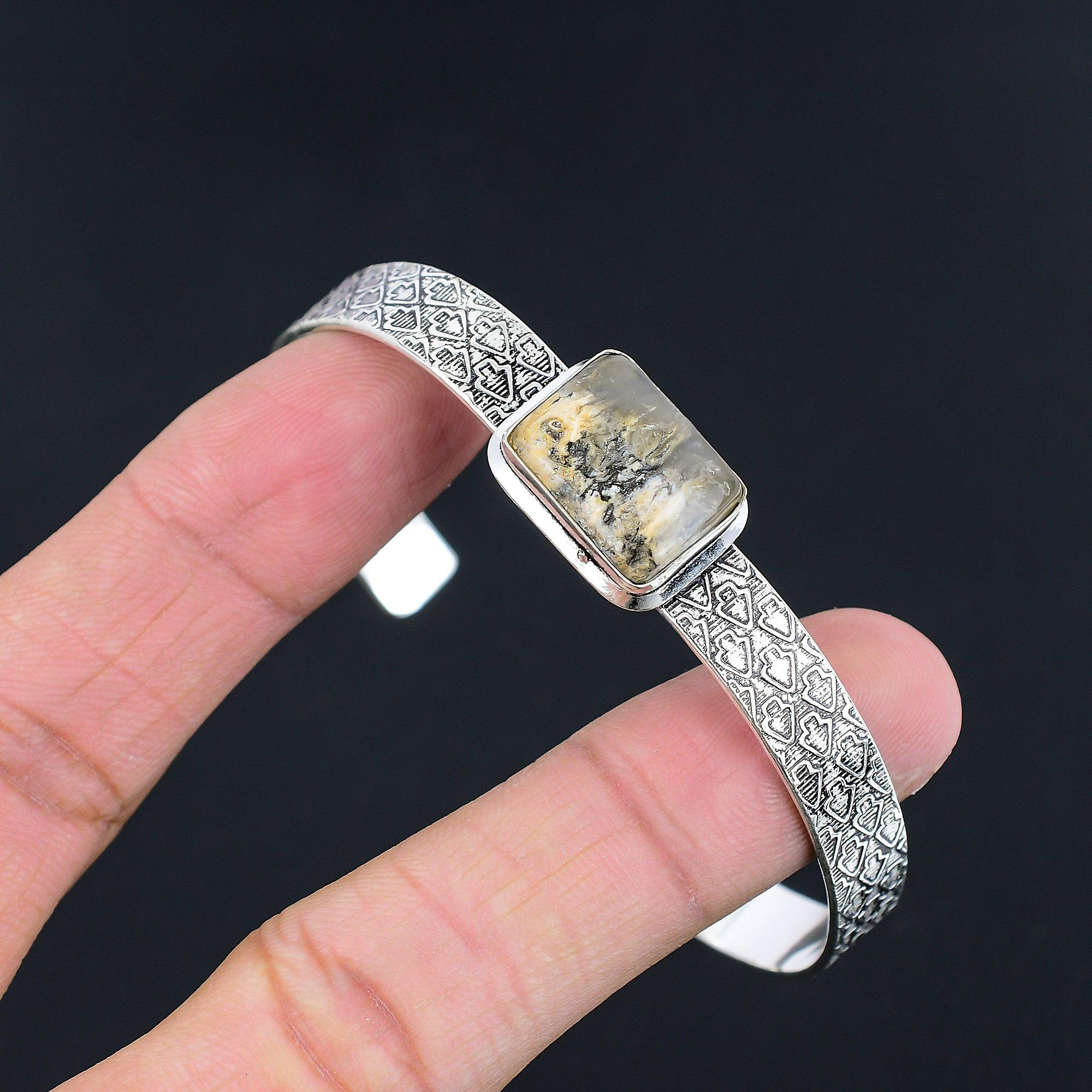 

Radiant Dendritic Tiger Gemstone Wedding Boho Anniversary Bangle Sterling Silver Adjustable