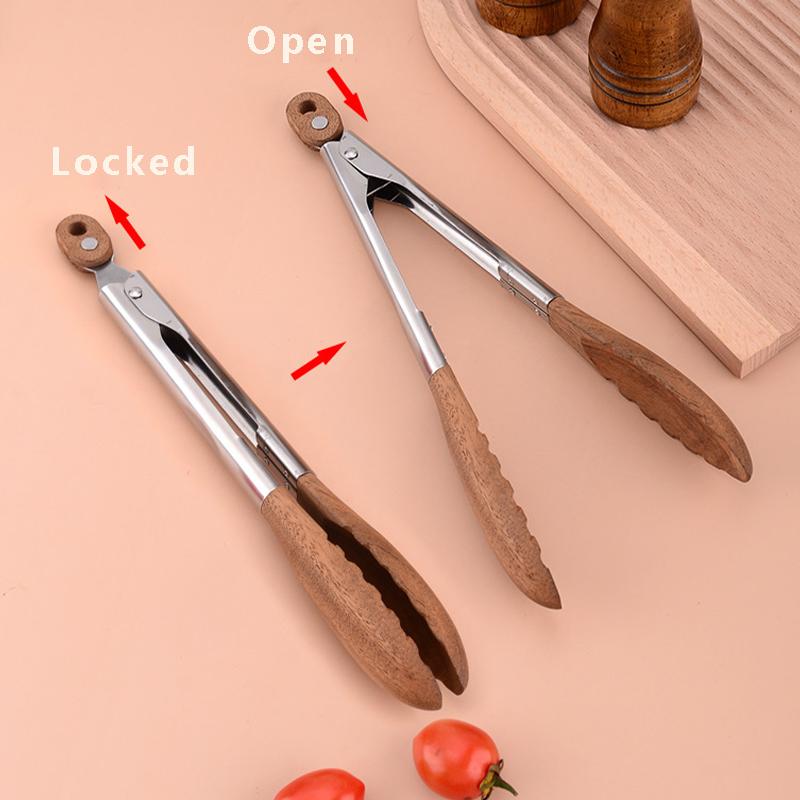 Walnut Wood Food Tong with Stainless Steel Handle Non-Stick BBQ Grilling Tong Durable Bread Dessert Clip 9/12inch Cooking Tong