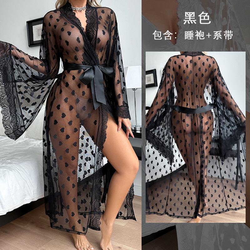 Sexy home pajamas multi-color simulated silk lace splicing sexy long nightgown women S