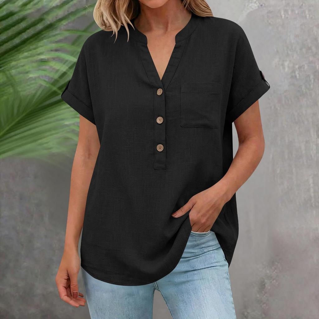 Women's Color Shirt Short Sleeve Button Casual Cotton And Hemp Pocket Top