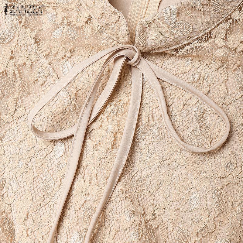 ZANZEA Damen Lässiges Stehkragen 3/4 Ärmel Lockeres Patchwork Spitzenkleid