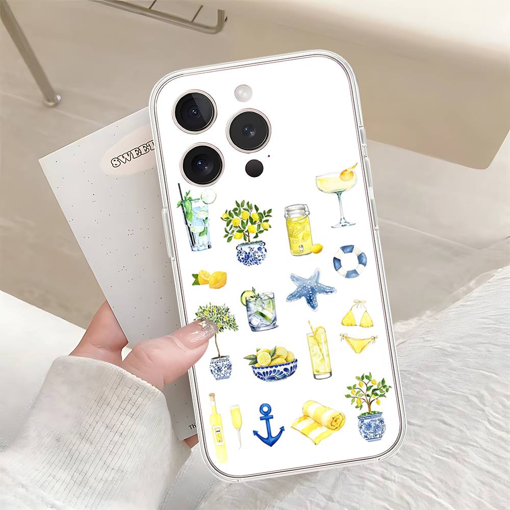 Seaside Scenery Wine Lemon Phone Case For IPhone 17 16 15 14 Plus 13 12 11 Pro Max Phone Back Cover Transparent Shockproof Cover