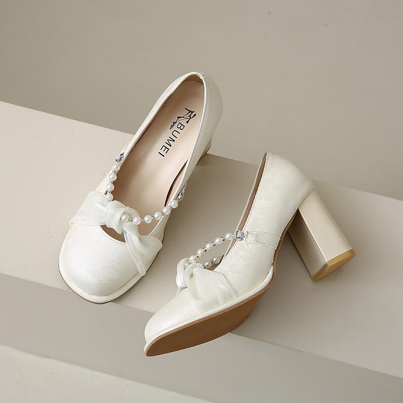 Fashion Bead Bow Lace Women High Heels Mary Janes Shoes Designer Fashion Shallow Sandals 2025 New Autumn Pumps Party Zapatillas De Mujer