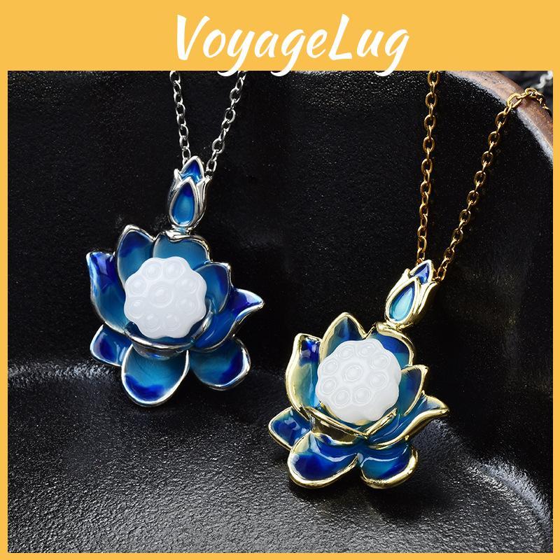 Elegant Enamel Lotus Pendant Necklace For Women Featuring Vintage Floral Design In Titanium Steel