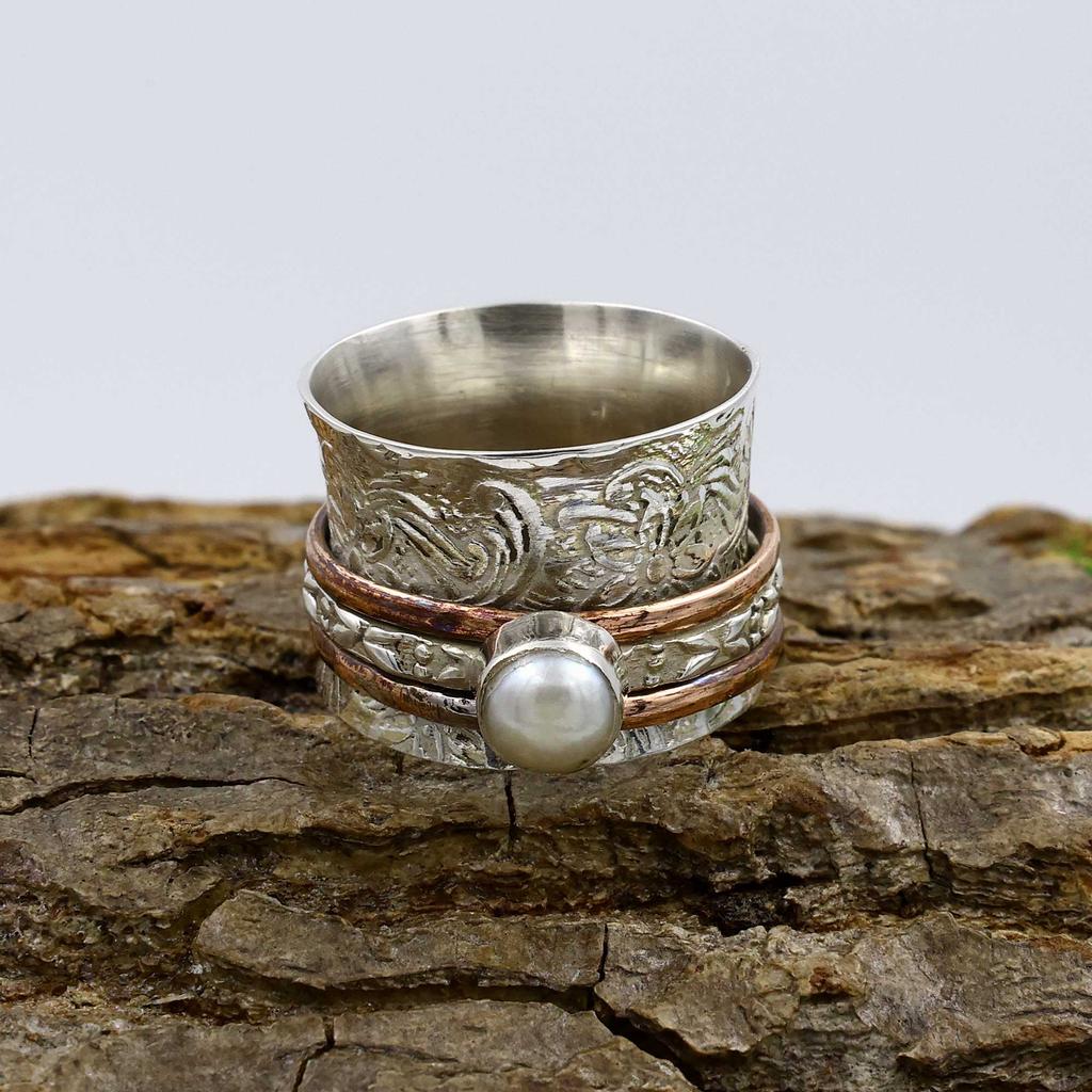 Inel din Argint Sterling 925, Inel cu Piatră Prețioasă Perlă Albă, Inel Bicolor, Inel Boem, Inel de Designer, Bijuterii din Argint