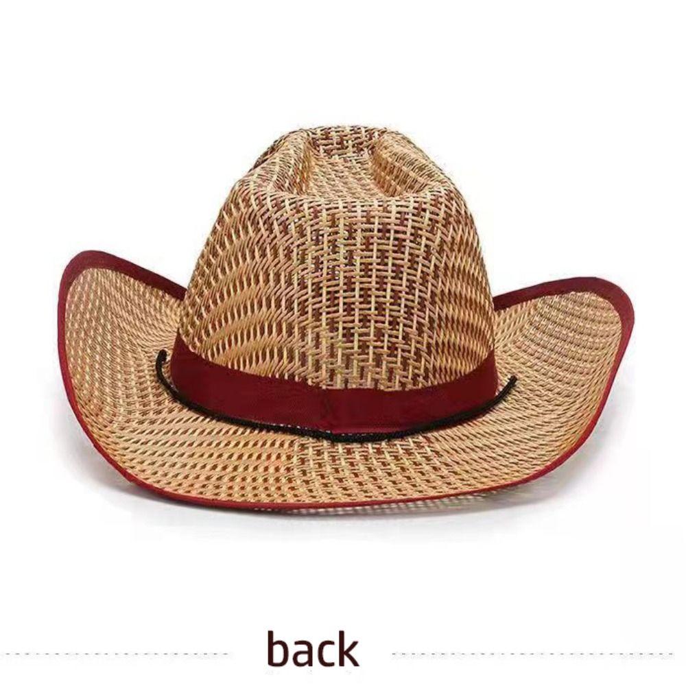 Western Cowboy Style Men Straw Hat Wide Brim Beach Hat Sun Protection Hat  for Outdoor Activities