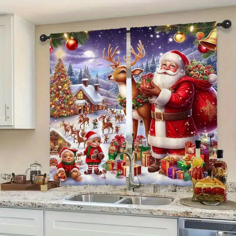 Set Of 2 Christmas Tree Reindeer Santa Claus Gift Print Curtains Pole Bag Home Decoration Room Curtain Polyester
