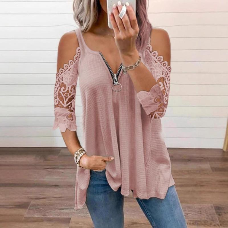 Off Shoulder Women Lace Blouse Summer Hollow Out Shirt Half Sleeve Zipper Casual Elegant V Neck Loose T Shirt
