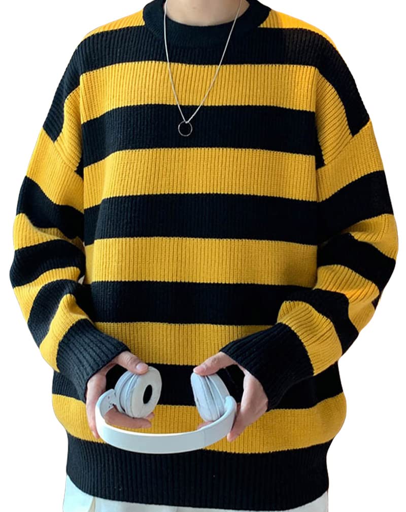 

Вязаный свитер в полоску для холодной погоды, длинный, большой, корейский, повседневный [ASY] свитер, свитер, свитер, свитер, осень/зима, мужской, шея, рукав,