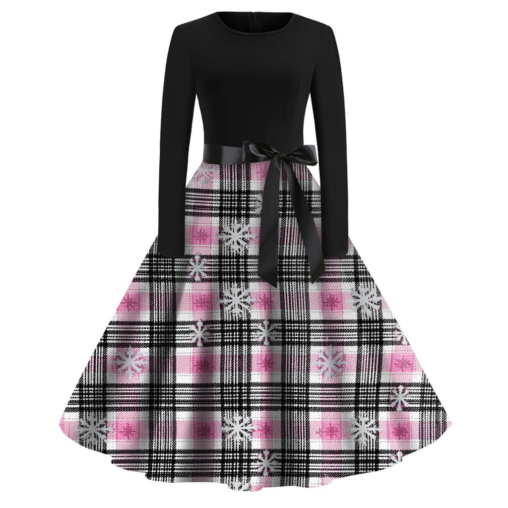 Mote for kvinner Rund Hals Casual Slim Fit Juleprint Stor Sving Langermet Kjole