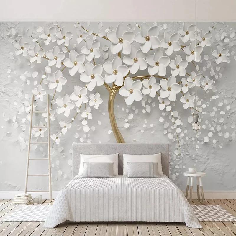 Papel Pintado Fotográfico Árbol Flores Blancas Salón Sofá Tv Dormitorio Pared de Fondo Murales Decoración del Hogar Fresco