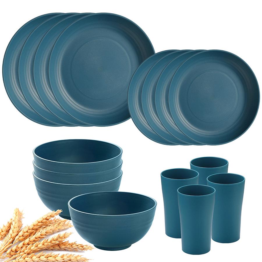 16 Pieces Dinnerware Set Unbreakable Plates Cups and Bowls Sets Dish Set for 4, Reusable Plastic Dish Set for Camping Travel