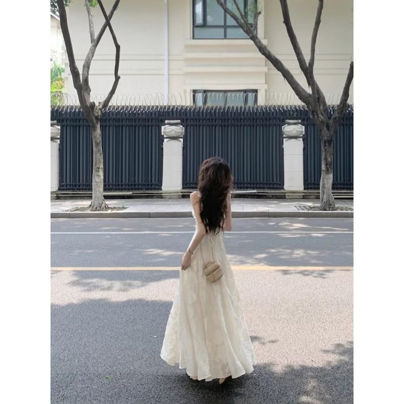 Kumikumi Cool Slip Dress Women Summer Temperament Waist Hugging Slimming Dress Fairy A- line Dress Long Skirt