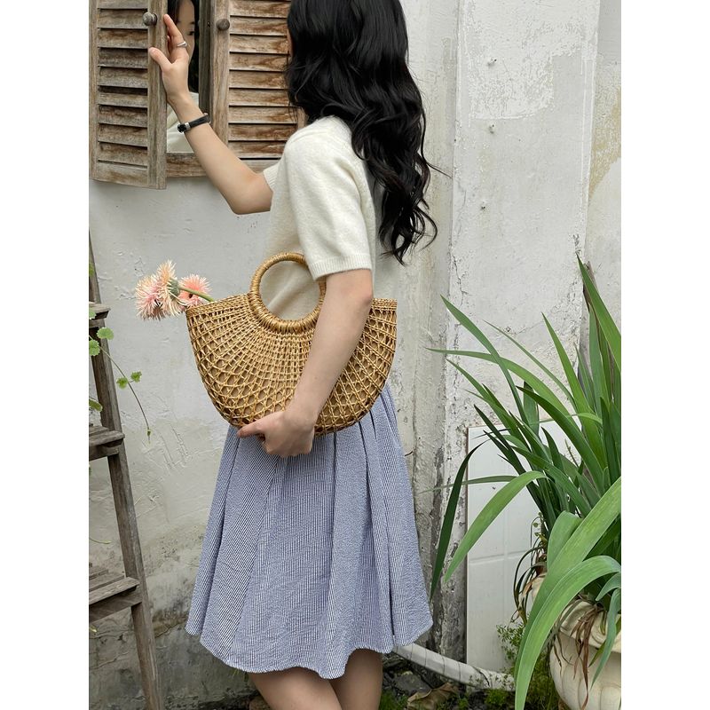 

Chawool Французский стиль Ретро Сумка-сатчел Вырез Соломенная сумка Южная Корея Ин Пляжный отдых у моря Овощная корзина Плетеная сумка Trumpet