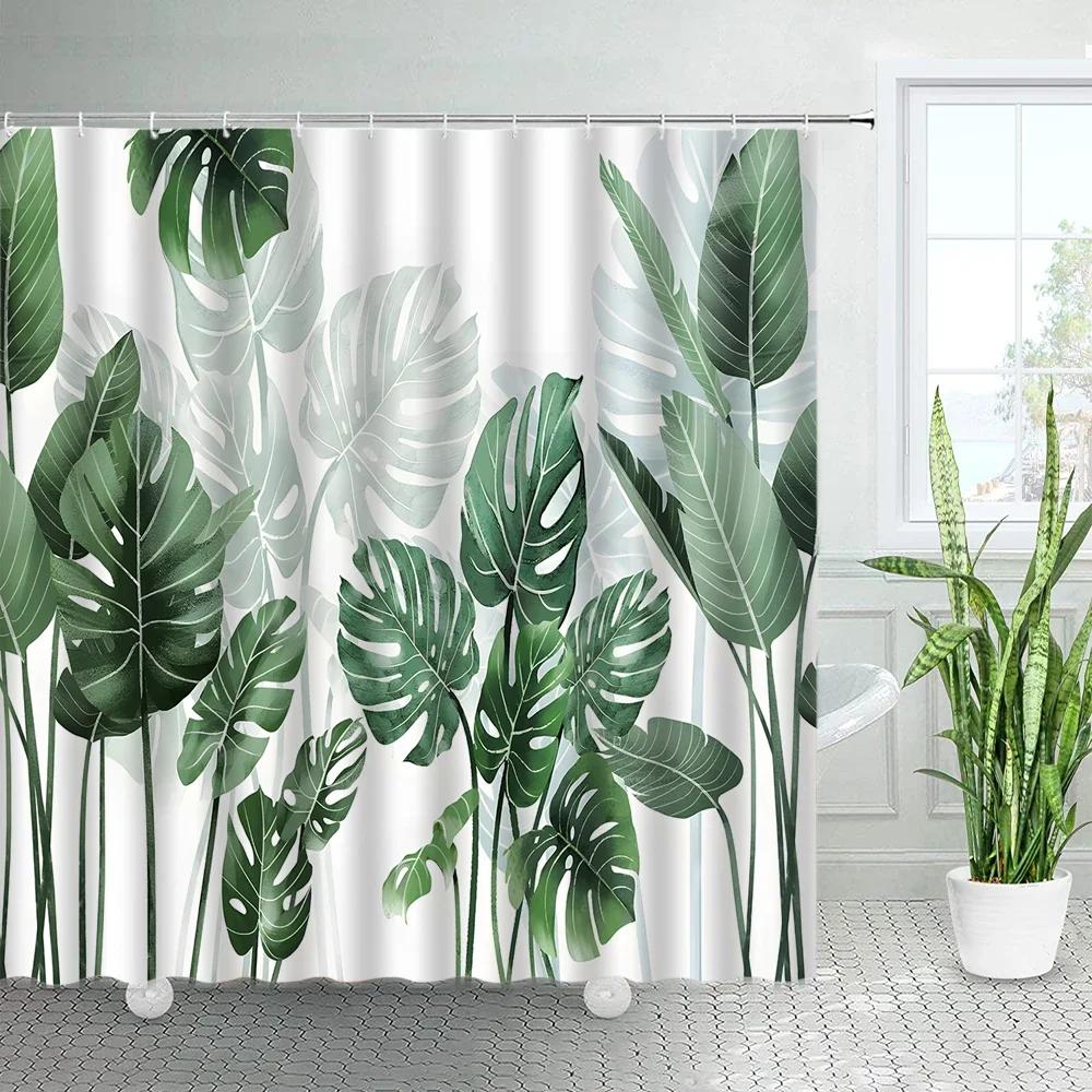Tropical Plants Floral Shower Curtains Beige Green Palm Leaves Flowers Nordic Decor Bathroom Polyester Bath Curtain with Hooks