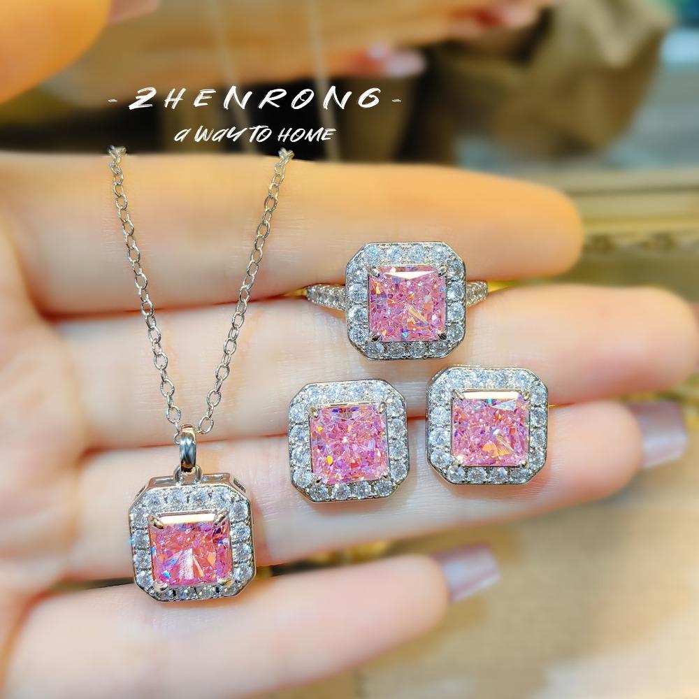 Women Jewelry Set Fashionable Pink Diamond Necklace Yellow Pendant High Carbon Earrings Rings Gemstone Set