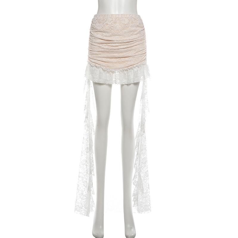 Vintage Lace Strapless Pearl Bustier Top & Asymmetrical Ruffle High Waist Skirt Set, Elegant Sexy Two-Piece Outfit for Women