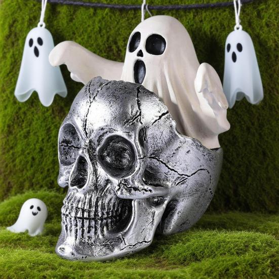 Mini Skull Head with Ghost Figurine Spooky Skeleton Head Ghost Halloween Decor for Gothic Porch Indoor Office Desk Tabletop Mantel Decoration