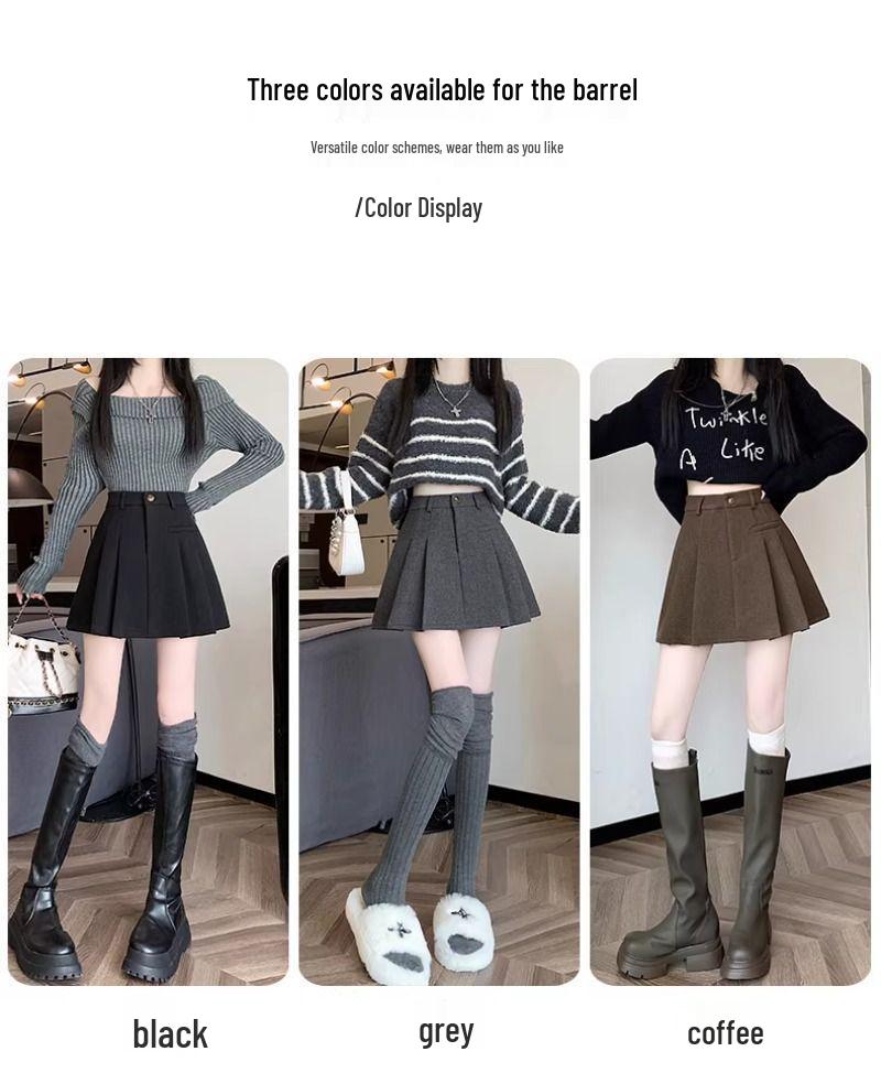 2025 Autumn/Winter Grey Wool Blend High-Waisted Slimming Pleated Skirt