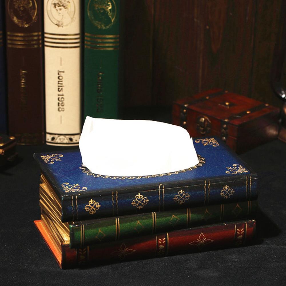 Wooden Antique Book Shaped Napkin Box Tissue Holder Wipes Storage Case Paper Towel Dispenser