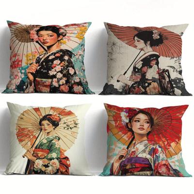 4 Stück Ukiyo-E Stil, Kirschblüten-Damenmuster Bedruckte Kissenhülle, Weiche und Bequeme Kissenabdeckung, Reißverschluss, Sehr Geeignet für das Wohnzimmer