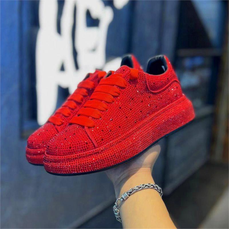 Luxury Designer Men's Red Black Rhinestone Platform Shoes Causal Flats Moccasins Male Rock Hip-hop Walking Sneakers
