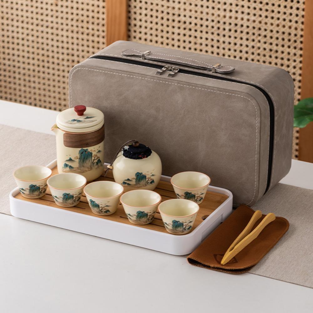 Ru kiln outdoor travel kung fu tea set gift box set high-end Guochao merchandise teacup business gift