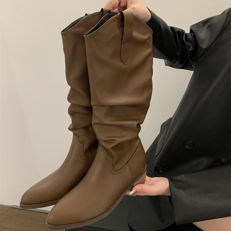 2025 autumn and winter new round head thick heel niche fashion boots Korean version temperament boots but knee