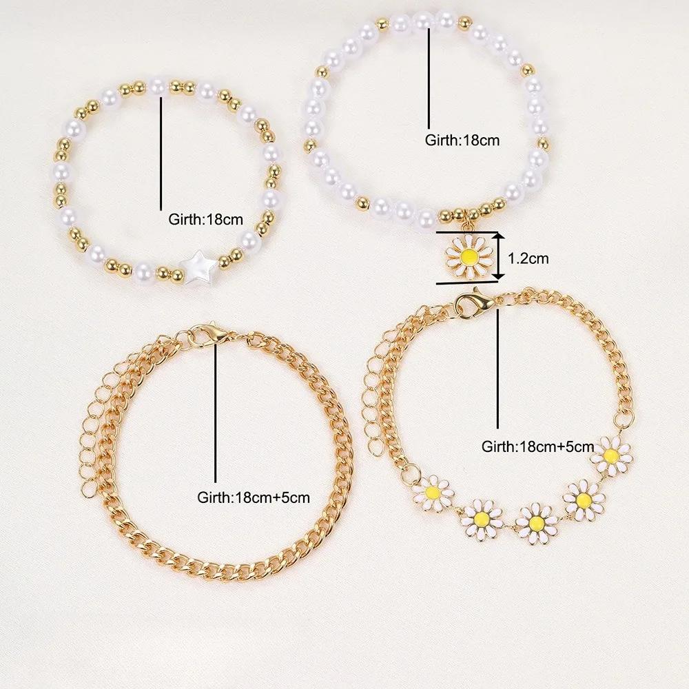 4PC Fashion Daisy Bracelet Imitation Zircon Beads Stainless Steel For Women Handmade Wrist Chain Accessories Zircon Gifts