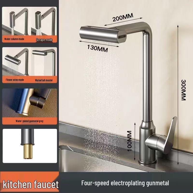 OEING Gunmetal Grey Wall-Mounted Kitchen Faucet with 4-Mode Spray