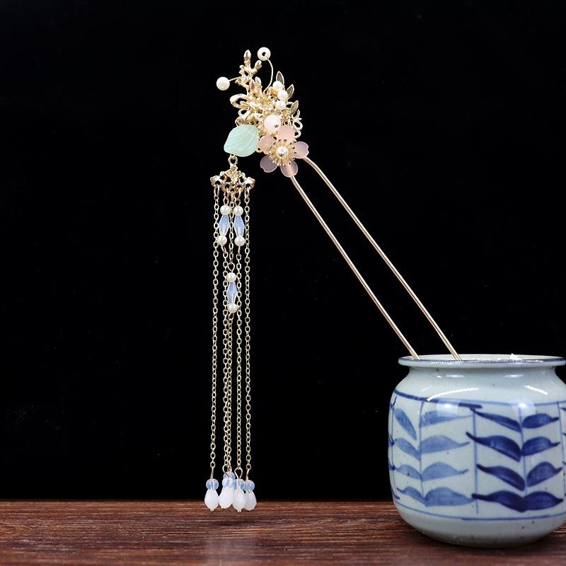 Handmade Retro Fairy Long Fringed Hairpin, Step Hairpin, Women's Ancient Costume Disc Hair Hairpin, Ancient Hanfu Headgear Accessories