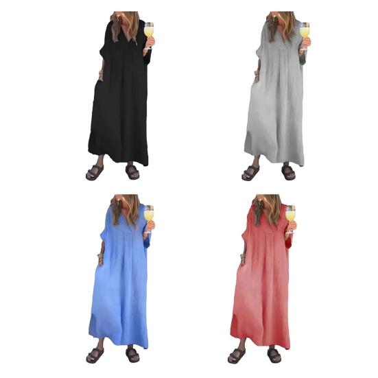 Women's Loose Maxi Dress V-Neck Short Sleeve Long Dress Summer Casual A-Line Beach Sundress