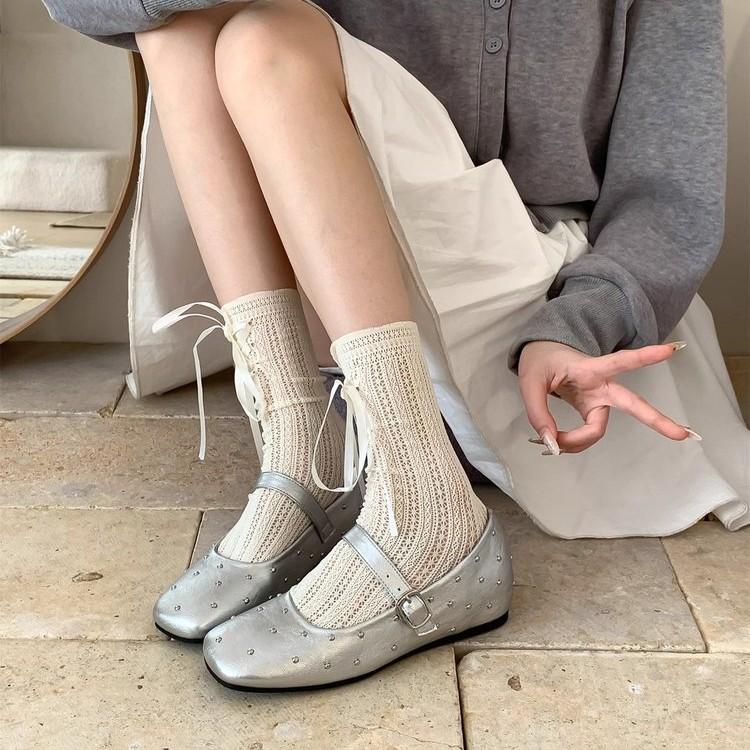 [Yushilai] Retro Riveted Ballet Single Shoes Women's 2025 Spring New One-word Buckle with Shallow Mouth Mary Jane Shoes