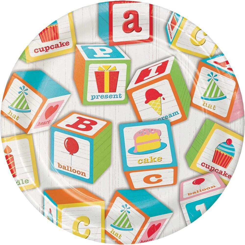 Creative Party Abc Paper Building Block 1st Birthday Disposable Plates (Pack of 8)