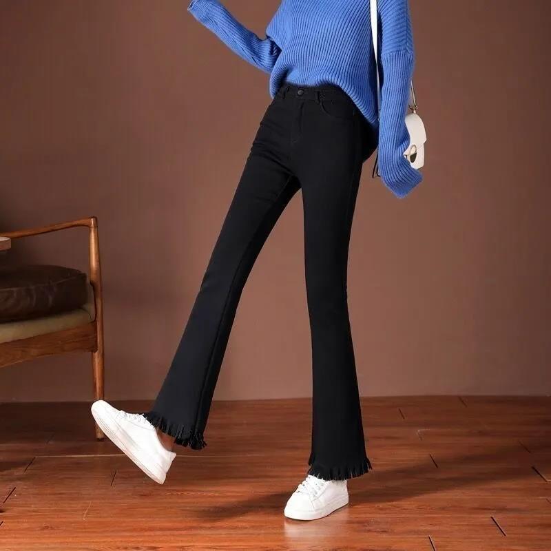 Damen Mikrohose Hose Hohe Taille Frühling und Herbst Übergröße Stretchjeans Neunpunkt Drapierung Schlaghose