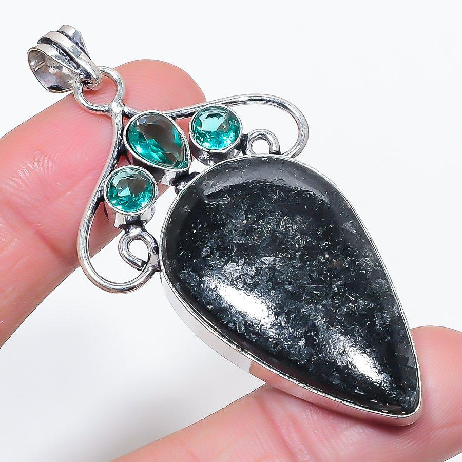 Natural Nuummite, Topaz Gemstone 925 Sterling Silver Jewelry Pendant 2.72" u3q67