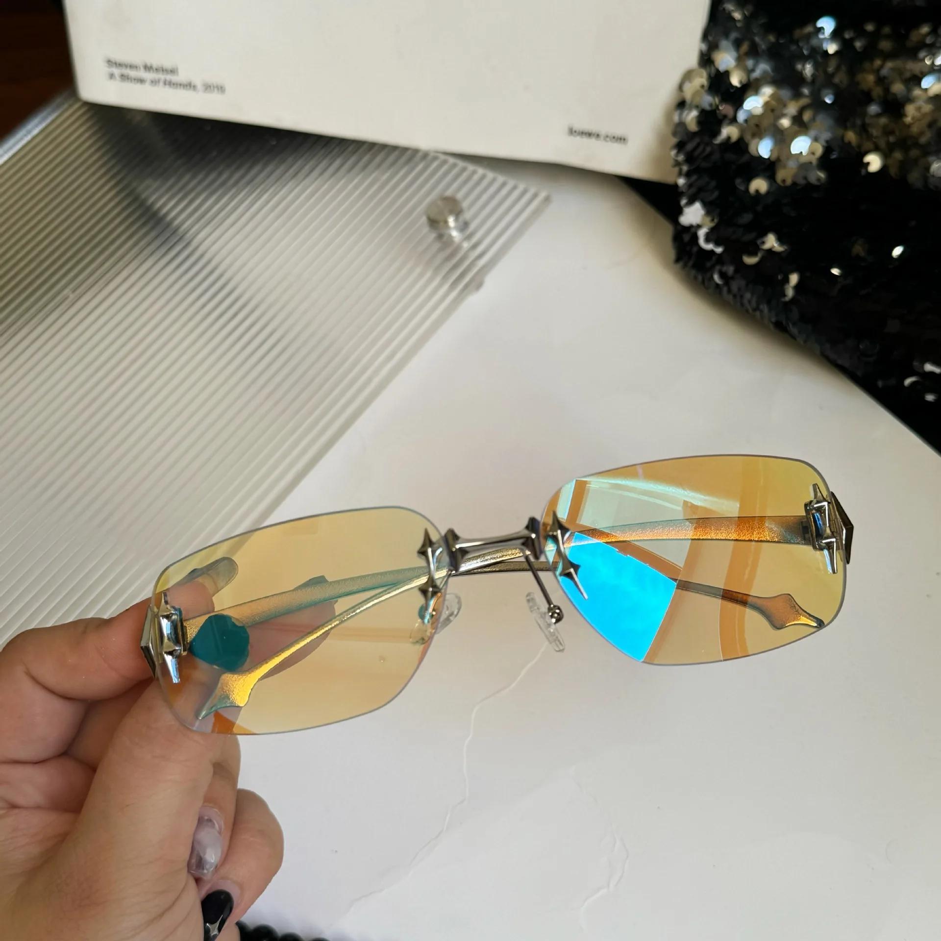 

Vintage Rimless Square Sunglasses Women For Men Luxury Brand Designer Sun Glasses Punk Popular Hip Hop Rivet Star Shades Uv 1PC