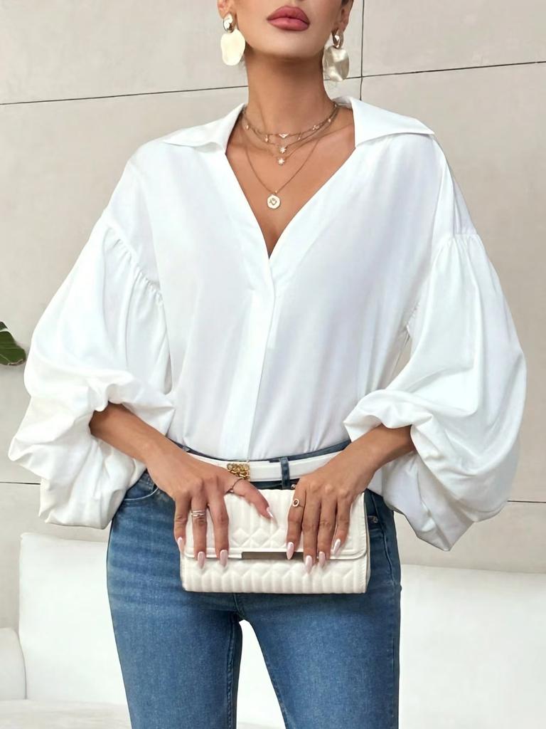 Women's Polka Dot V Neck Oversized Blouse Puff Long Sleeve Loose Shirt