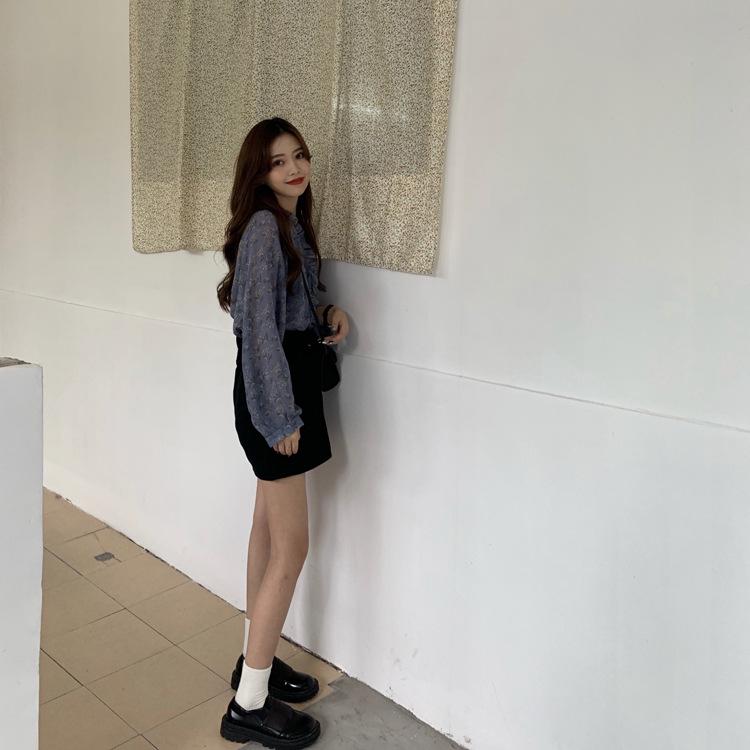 2025 Chic Korean Style Floral Chiffon Women's Long-Sleeve Puff Shirt